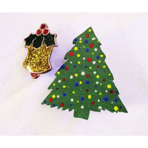 Christmas Tree Pin and a Gold Miniature Enamel Glitter Bell and Green Holly - Picture 2 of 4